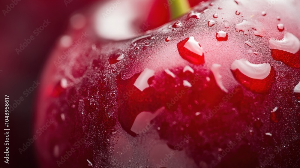 Poster a macro shot of the glossy red surface of a cherry, highlighting its smooth texture and rich color.