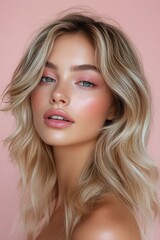 Fototapeta premium A young woman with long blonde hair posing against a soft pink background during daytime