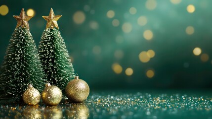 Two miniature Christmas trees with gold ornaments and bokeh lights on a green sparkly background.