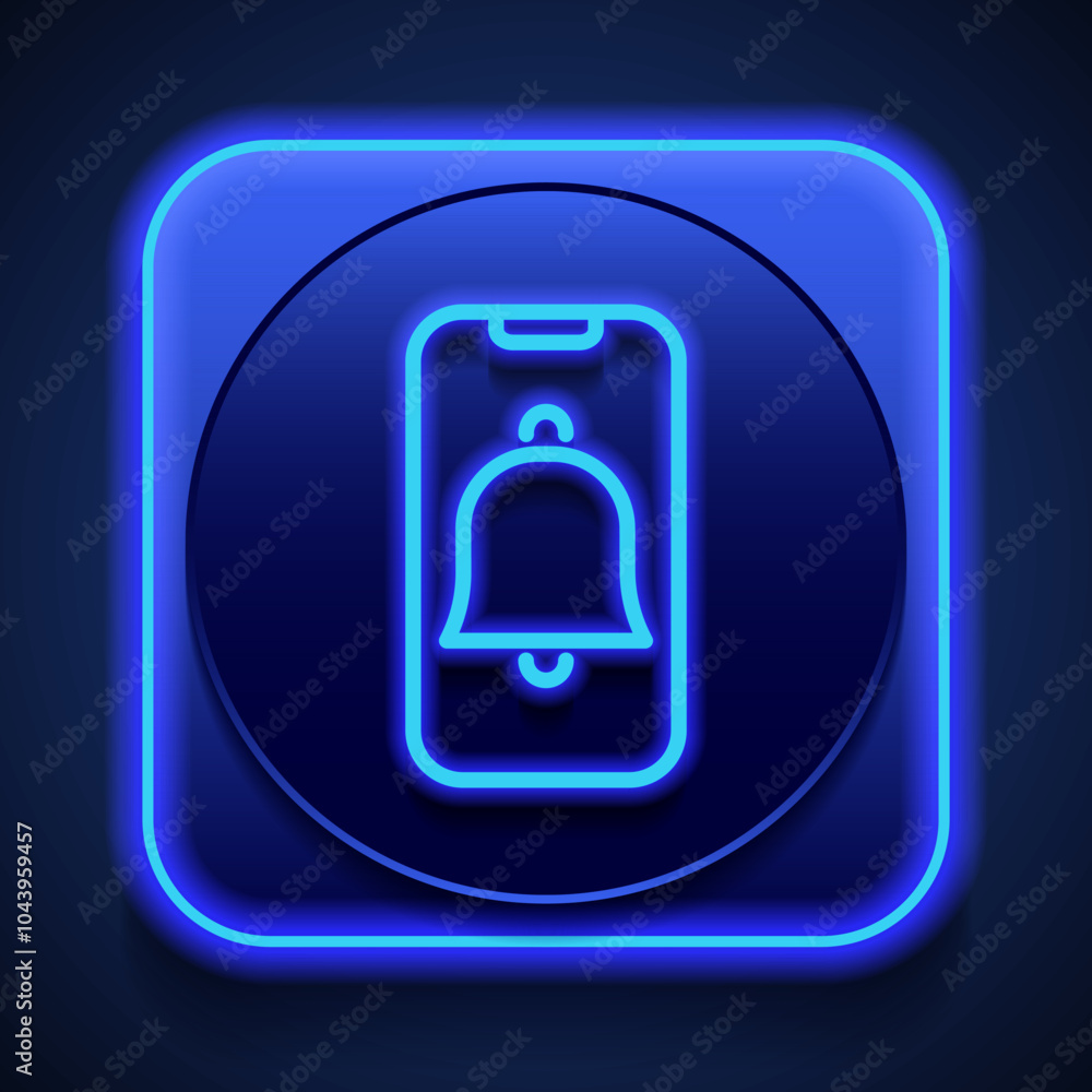 Poster phone notification, alarm simple icon vector. flat design. blue neon style on button. with shadow