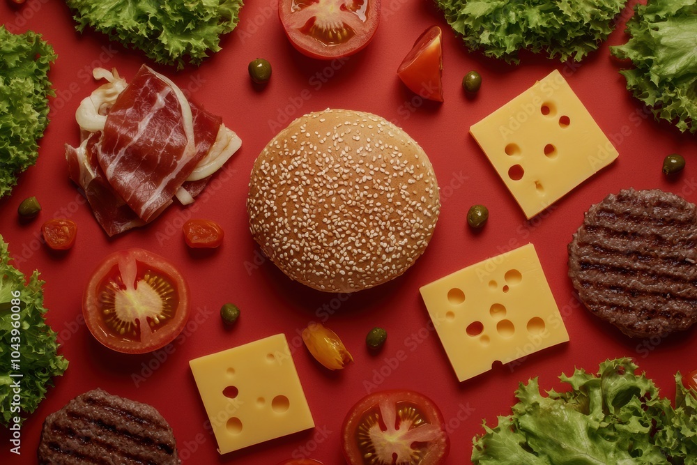 Poster lettuce, tomatoes, cheese, and meat are artfully arranged on a vibrant red background, creating a co