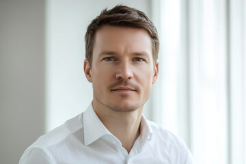 Successful middle aged male businessman portrait CFO chief financial officer ensuring financial stability of company against bright office background.