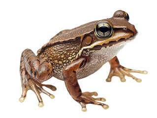 Close-up of a vibrant tree frog showcasing its intricate skin patterns and vivid eye detail against a white background.