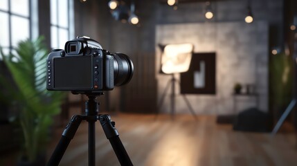A DSLR camera on a tripod in a photo studio with lighting equipment in the background.