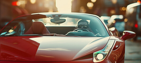 A red sports car is parked on a city street