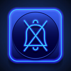 Mute notifications, no sound, silent, no bell simple icon vector. Flat design. Blue neon style on button. With shadow
