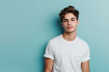Obraz premium Relaxed Young Man Against Light Blue Background for Lifestyle and Fashion