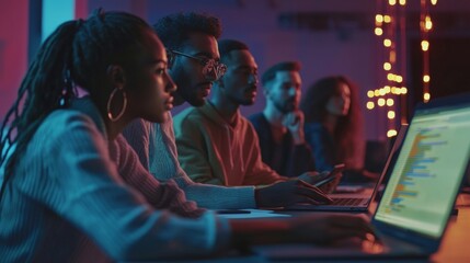 Diverse team of programmers collaborating on a software project, using laptops and tablets