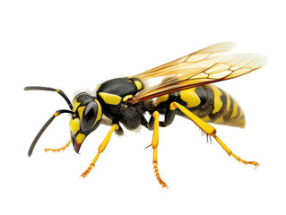 Close-up of a vibrant yellow and black wasp with intricate wing details.