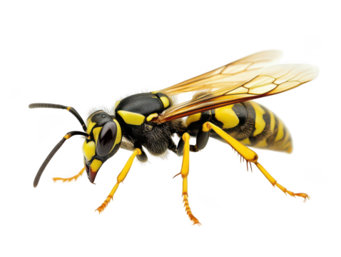 Close-up of a vibrant yellow and black wasp with intricate wing details.