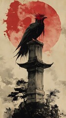 Fototapeta premium Majestic Bird on a Tall Pillar Under Red Sun