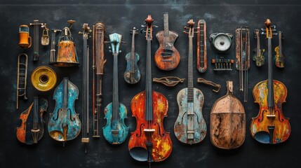 Naklejka premium knolling a set of various music instruments made of scrap metal and old wood, colorful paint splash on it. black background.