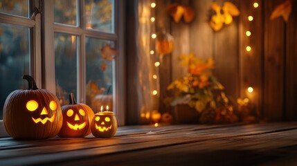 Obraz premium Halloween pumpkins and candles on wooden table, autumn garden background