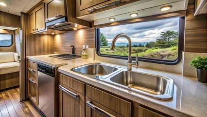 Close-up view of RV motorhome kitchen sink cabinets and counters