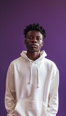 Obraz premium Youthful Confidence: Casual Style in White Hoodie Against Purple Backdrop for Fashion Editorial