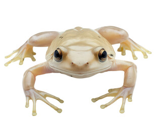 Close-up of a beige frog with prominent eyes and webbed feet against a white background.