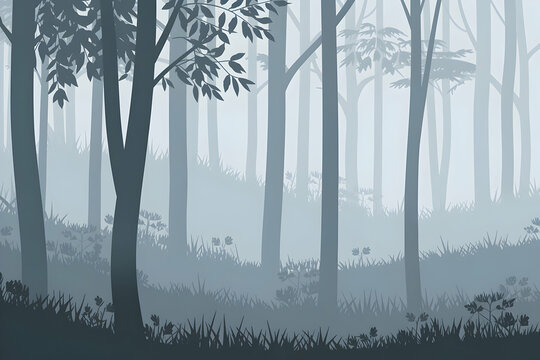 Misty forest with slender trees, symbolizing tranquility and natural beauty