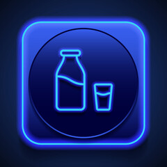 Milk bottle with glass simple icon vector. Flat design. Blue neon style on button. With shadow