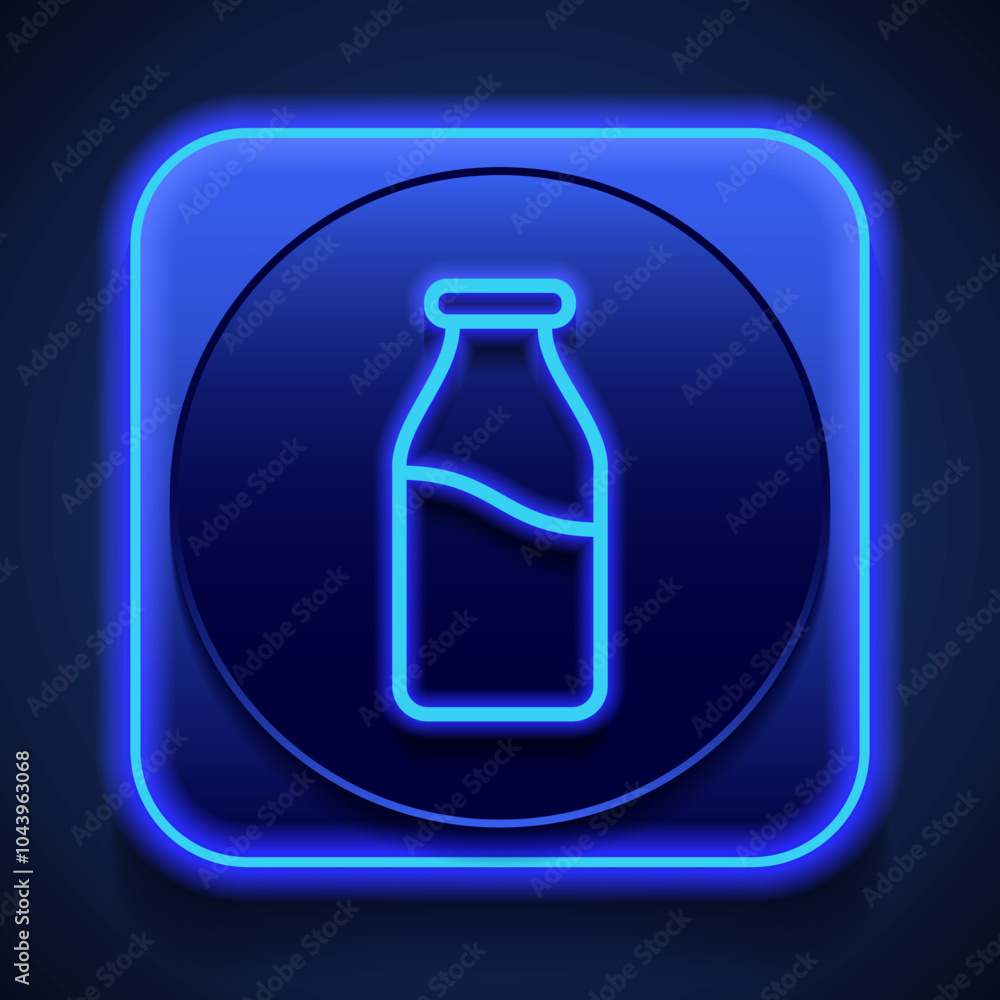 Poster milk bottle simple icon vector. flat design. blue neon style on button. with shadow