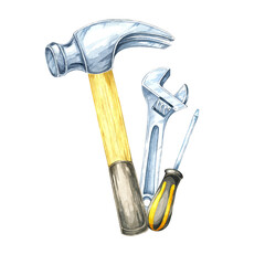 A hammer, screwdriver, and adjustable wrench illustration. Hand-painted hardware tools watercolor clipart. Well-suited for home repair guides, toolset packaging, or instructional materials