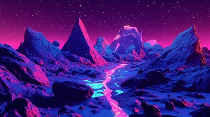 Fototapeta premium Neon Mountainscape with Starry Night