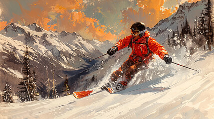 A skier descends a slope in high mountains at sunset  - Freeride skiing - art poster -  frame tv art