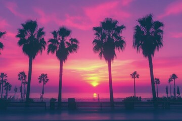 Vibrant sunset view over the ocean with palm trees silhouetted in a tropical paradise