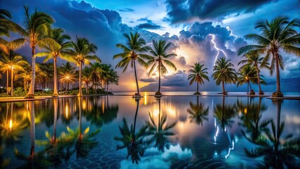 Closeup view of stormy tropical night with palm trees and illuminated reflections in water