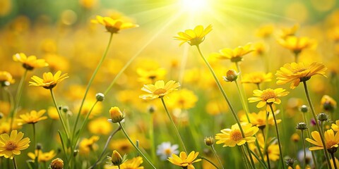 Fototapeta premium Close-up view of sunny meadows filled with yellow blooming flowers