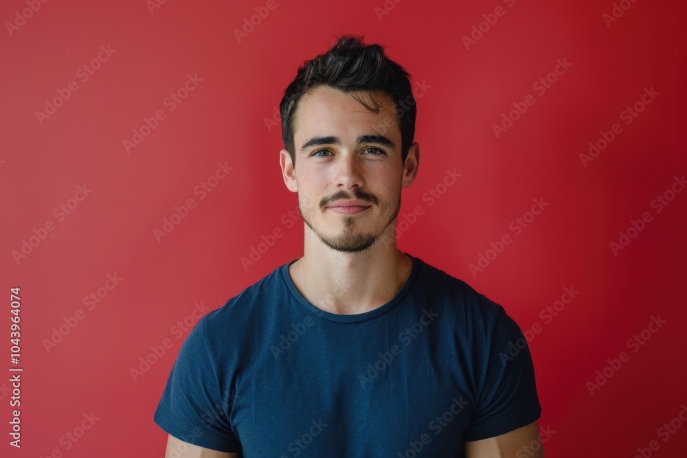 Wall mural Friendly Young Man in Casual Blue T-Shirt Against Vibrant Red Background for Portrait Design