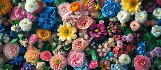 A vibrant and colorful floral arrangement with a variety of flowers, including roses, hydrangeas, daisies, and more.