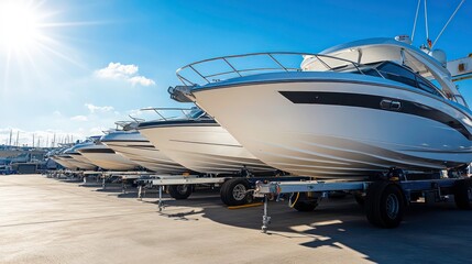 Row of luxury motorboats on trailers in a marina under a bright blue sky.