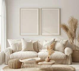 快適なソファ、スタイリッシュなコーヒーテーブル、エレガントな空の額縁を配した居心地の良いリビングルームインテリア。この魅力的なシーンは、アート作品やデザインの展示に最適です。