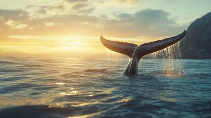 Fototapeta premium Majestic Whale Tail at Sunset Over Ocean Waves