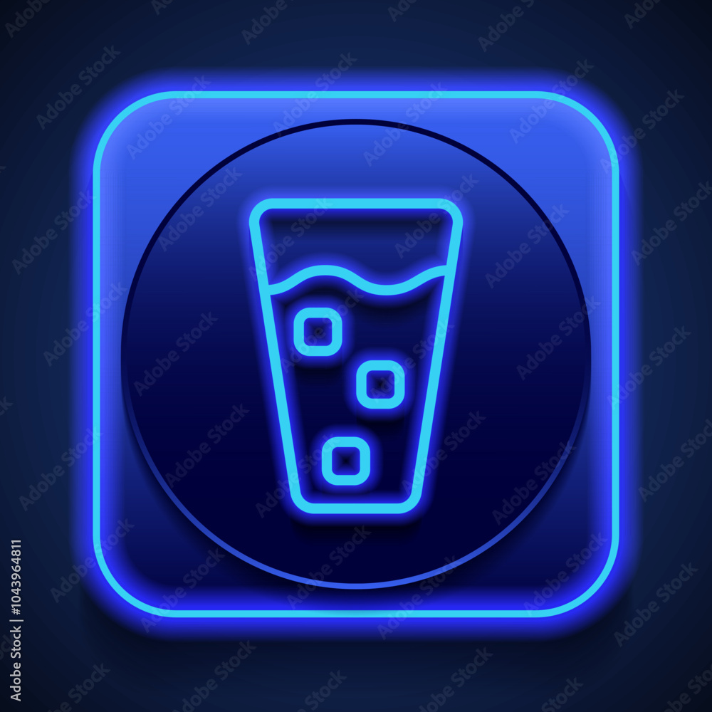 Poster glass and ice cube simple icon vector. flat design. blue neon style on button. with shadow