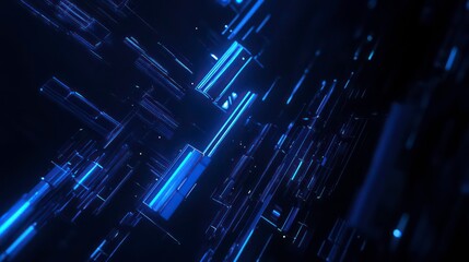 Abstract blue glowing lines and shapes on a dark background.