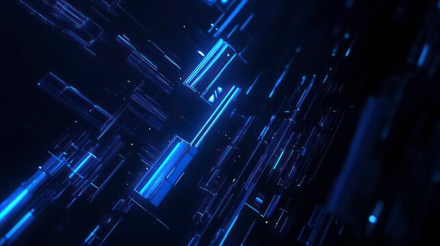 Abstract blue glowing lines and shapes on a dark background.
