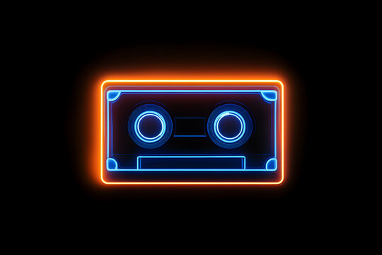 recommend clip art: Glowing neon outline of a cassette tape icon isotated on black background.