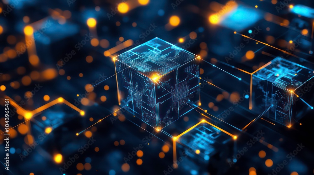 Poster Abstract digital network with glowing cubes connected by lines.