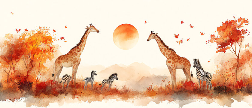 Watercolor Painting of Giraffes and Zebras in African Savanna Landscape