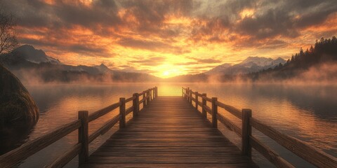 Obraz premium Serene sunrise over a misty lake with a wooden dock leading into the golden light