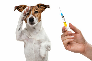 Jack Russell Terrier curiously observes syringe in vaccination scenario