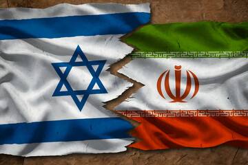 Israeli and Iranian flags divided by jagged line, symbolizing conflict
