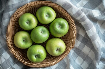 Fresh green apples arranged in a woven basket on a checkered cloth in midday light