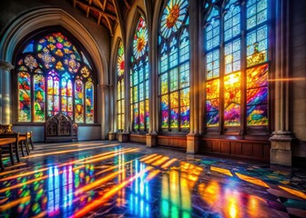 Obraz premium Long Exposure of Stained Glass Window in Church with Vibrant Colors and Divine Light