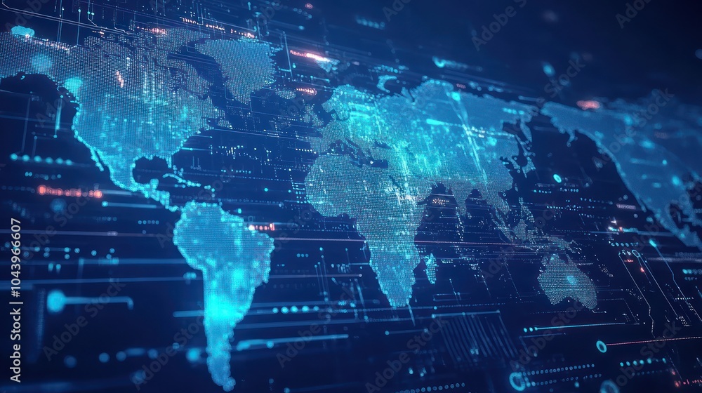 Aufkleber a digital world map with glowing connections, representing global data and technology.