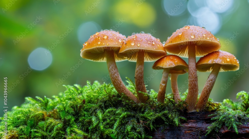 Poster vibrant mushrooms with dew in forest setting