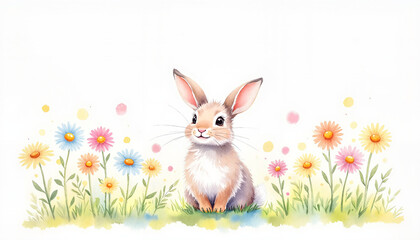 Fototapeta premium Cute brown bunny sitting happily among colorful flowers in a vibrant meadow setting
