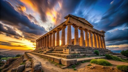 Obraz premium Long Exposure of the Greek Temple of Juno in Agrigento - Stunning Vertical View of Ancient Architecture at Dusk