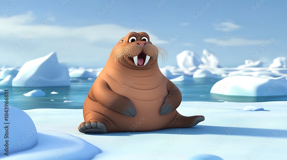 Wall mural Happy Walrus Sitting on Ice Floe in Arctic.